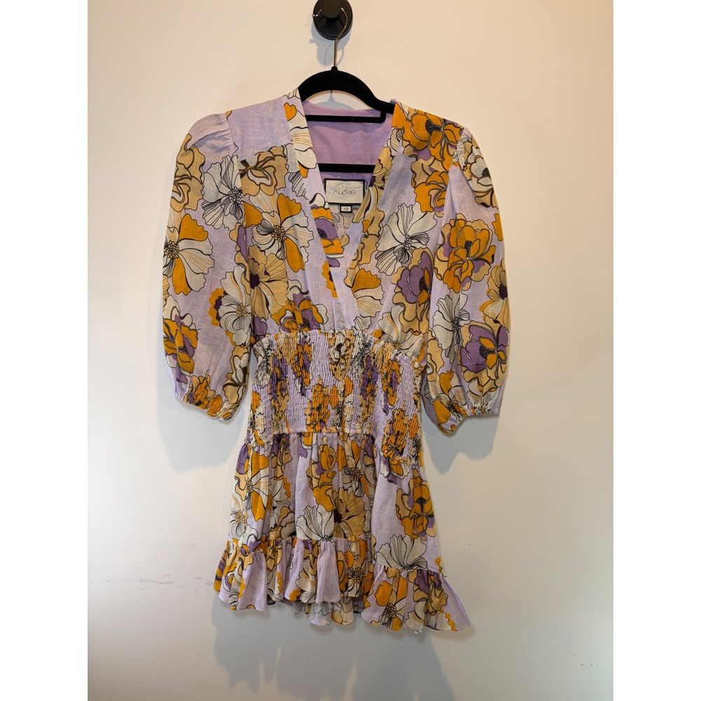 Alexis Lavender Yellow Floral 100% Linen Smocked Mini Dress Puff Sleeve XS